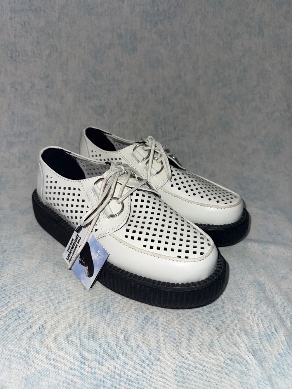 T.U.K. White Leather Creeper Shoes: Perforated Viva - M5/W7